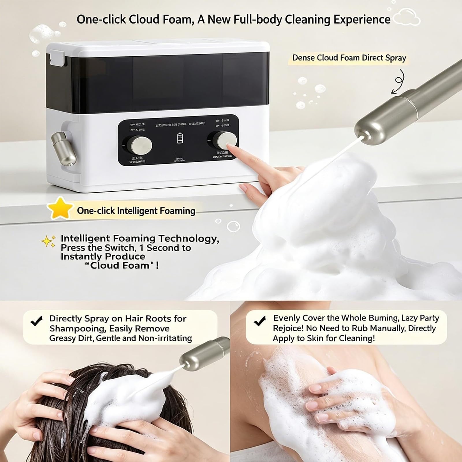 Cabezal de Ducha Inteligente con Espuma, de Pared, Boquilla Ajustable | Batería recargable de 2200 mAh, 2 modos, capacidad de 840 ml, para baño y champú, material ABS, ideal para baño y hotel
