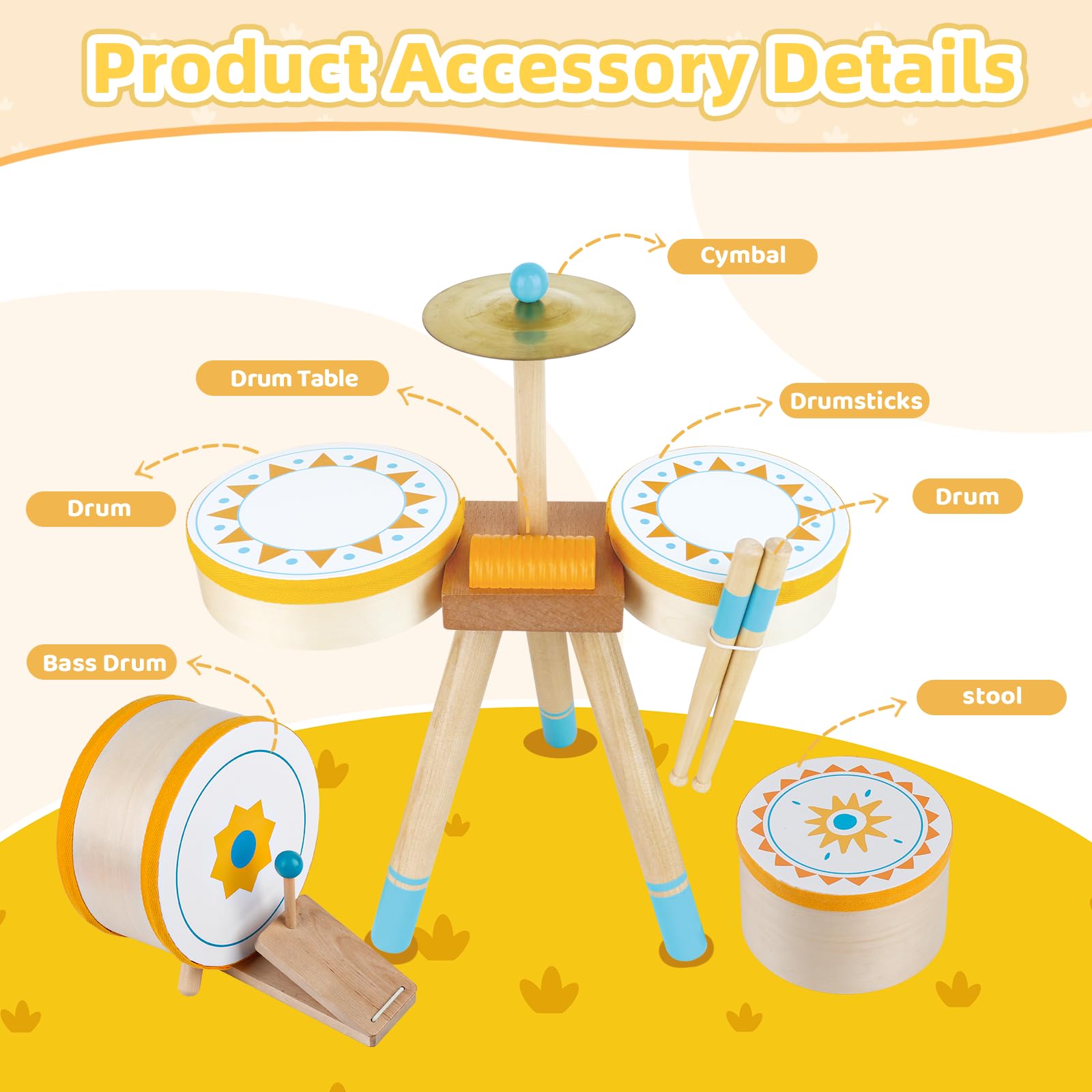 Tambor Montessori para Bebés de 1+ Año | Set de Tambores Educativo de Madera para Niños Pequeños 1-3 Años | Instrumentos Musicales para Bebés, el Regalo Cumpleaños/Navidad para Niños y Niñas