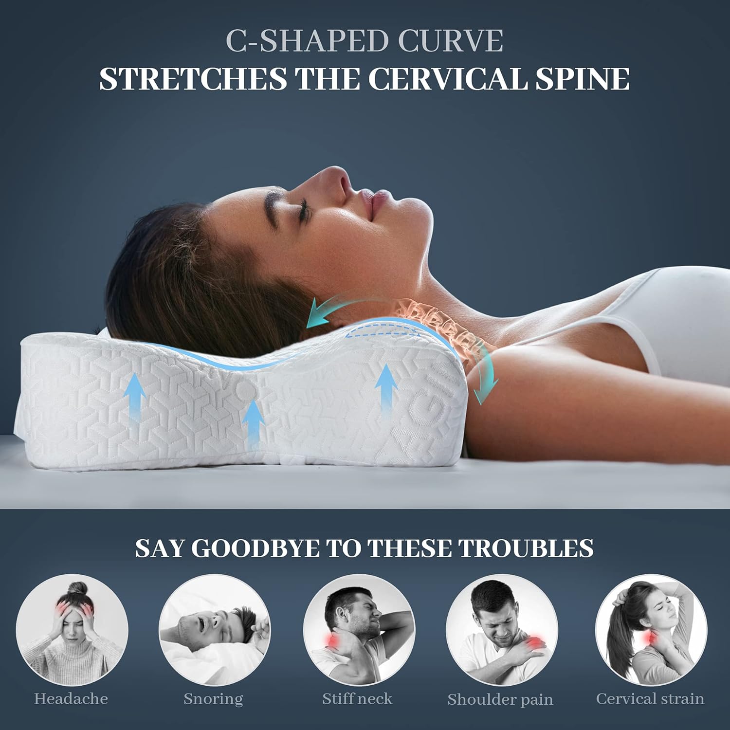 Sagino Cervical Memory Foam Pillow, Chiropractic Contour Bed Pillow with Ergonomic Sleeping Orthopedic Support for Neck & Shoulder Pain Relief, Extra Pillowcase Included- for Side Back Stomach Sleeper: Kitchen & Dining