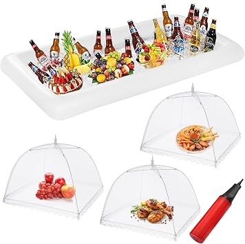 Inflatable Serving Bar & Mesh Food Covers Set,1 Inflatable Serving Bar,3 Food Tents, Pool Party Buffet Drink Cooler, Ice Tray Food Drink Containers for Pool Garden Party Partysupplies