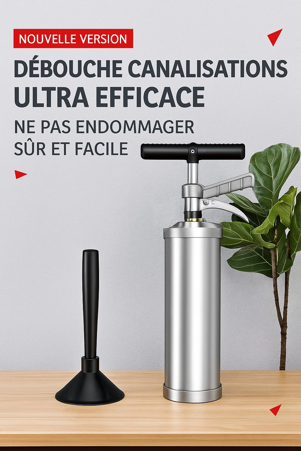 BRÜTAL Déboucheur Canalisation Haute Pression à Air Comprimé – WC Évier Lavabo Douche – Pistolet Déboucheur Pneumatique Professionnel 4 Bars, Manomètre, Cuve Inox & 3 Embouts – Sans Produit Chimique