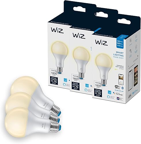 WiZ 100W Eq. (14.5W) A21 - Bombilla inteligente LED blanca suave, paquete de 3, E26, interior, se conecta a tu Wi-Fi existente, controla con voz o