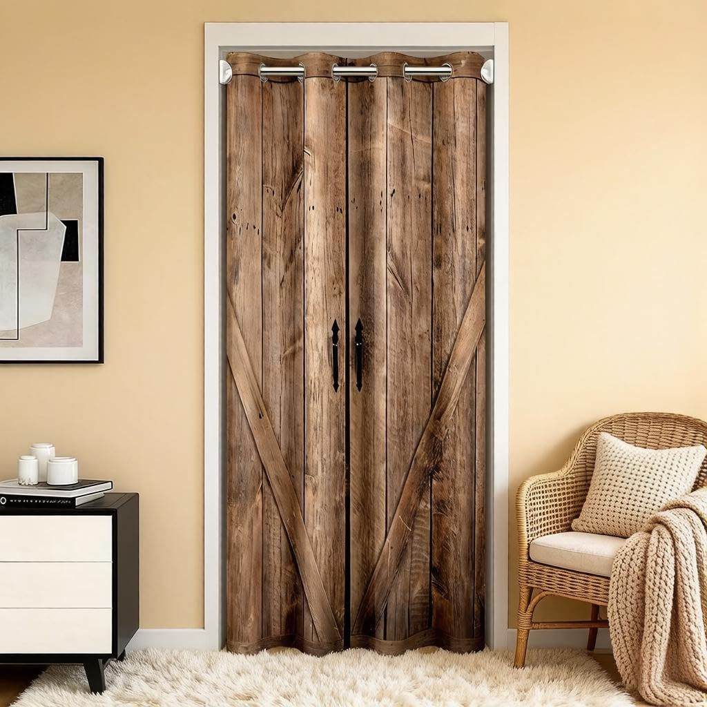 Loussiesd Retro Wooden Door Curtain, Country Pattern Door Curtain, 86X203Cm, Used For Door Privacy, Rural Farmhouse Cabinets, Blackout Curtains, Used For Bedroom And Living Room Decoration — image 1