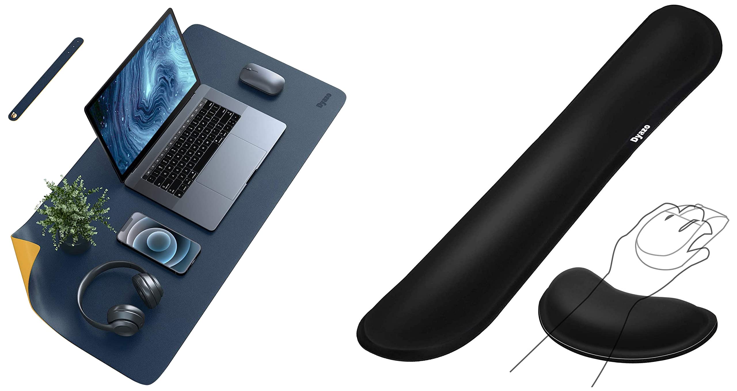 Dyazo Keyboard Wrist Rest Pad & Mouse Support Cushion Set (Black) & Vegan PU Leather Mouse Pad, Extended Desk Mat for Work from Home/Office/Gaming, Reversible Anti-Slip