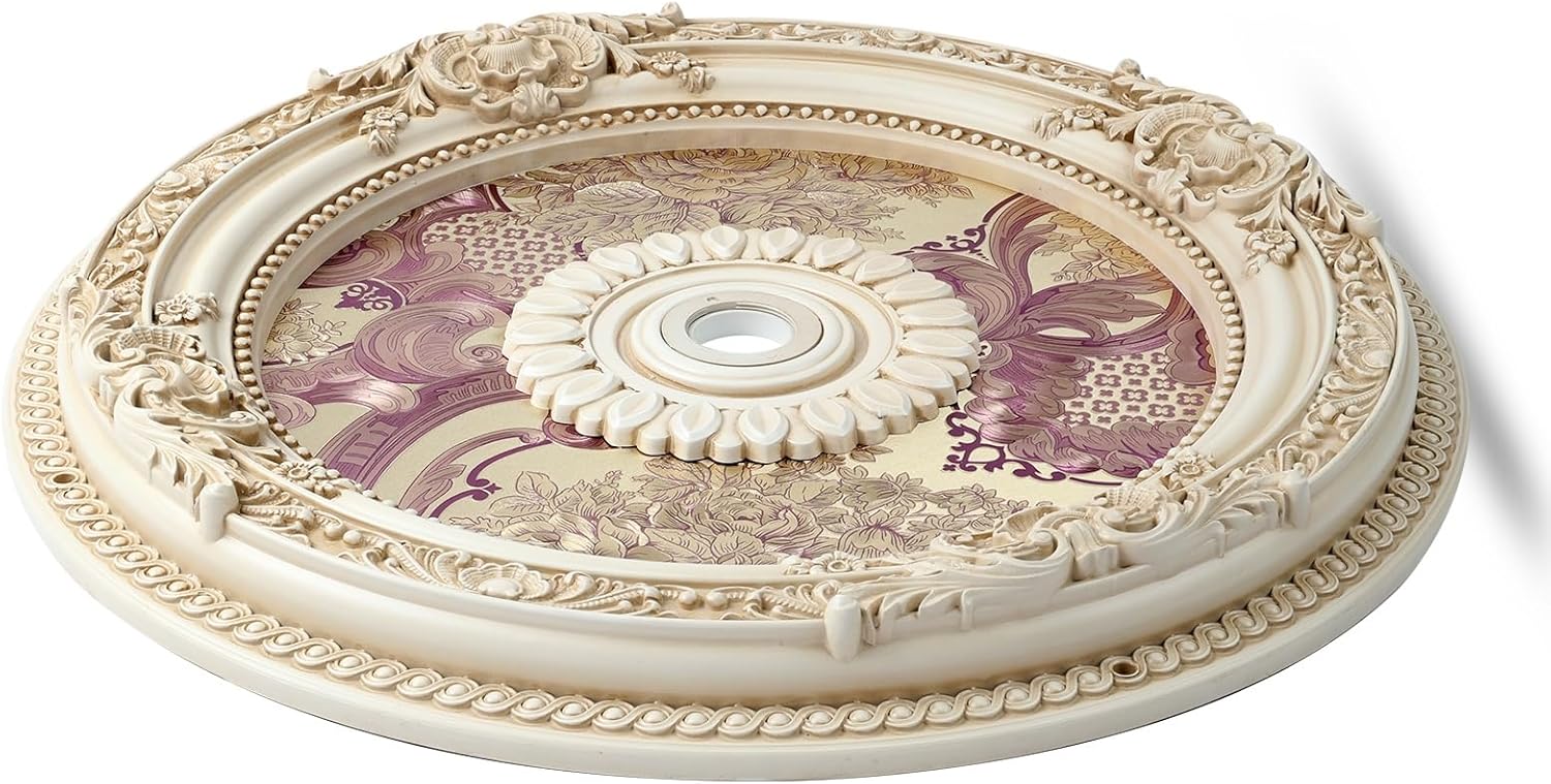 Decorative Ceiling Medallion, Vintage Round Floral Pattern with Purple Accents, Ornate Victorian Style, 24.4 Inch Diameter