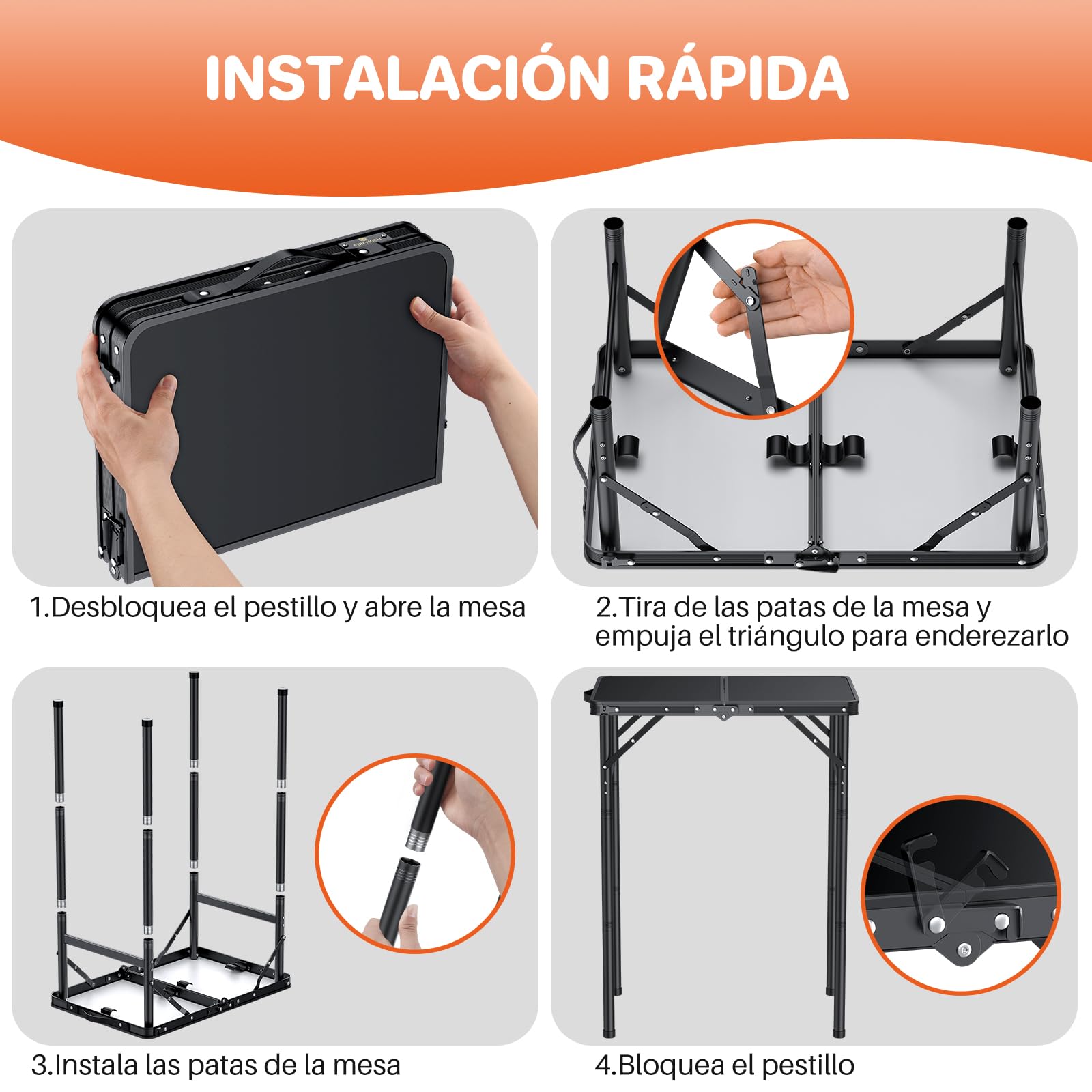 FUNYKICH Mesa Plegable Camping con Rosca 60x40cm 3 Alturas Ajustables (27/51/75cm), Mesa Plegable Portátil Aluminio, Panel de MDF, Ligera y Duradera,Bolsa de Almacenamiento, para Camping,Pesca,Hogar