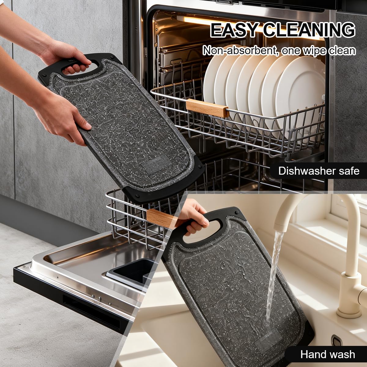 Tabla de cortar de plástico, 3 tablas de cortar aptas para lavavajillas con ranuras para jugos, mango de fácil agarre, antideslizante, con área de molienda para moler ajo y jengibre (gris oscuro, XL)