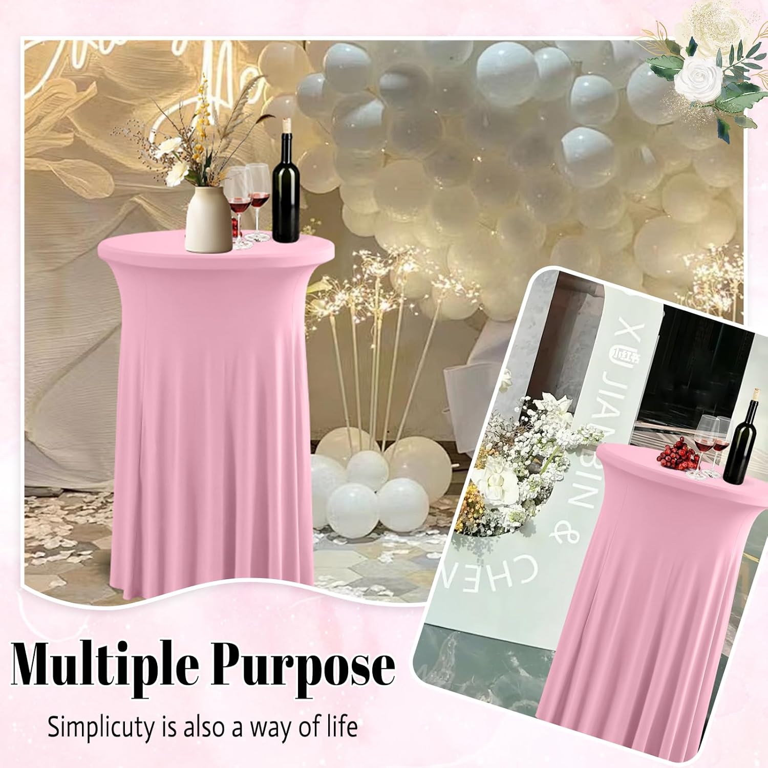 Qubjus 2 Pack Cocktail Tablecloths Stretch Table Skirt - 32x43 inch Bar High Top Stylish and Elegant Cocktail Table Covers for Parties, Weddings, Holidays - Pink