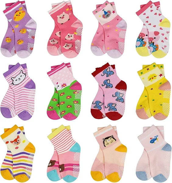 HYCLES Anti Slip Toddler Socks, 12 Pairs Non-Skid Cotton Grip Kid Socks for 1-7T Boy Girl 6-12 Month Baby