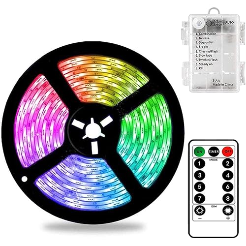 echosari 10ft Battery RGB LED Strip Lights with Remote Controller, Waterproof Flexible 90 LED Strip Lighting Indoor & Outdoor for TV, Desk Table,Dining Bed Room,Boat,Kitchen,Christmas (Multi-Colored)