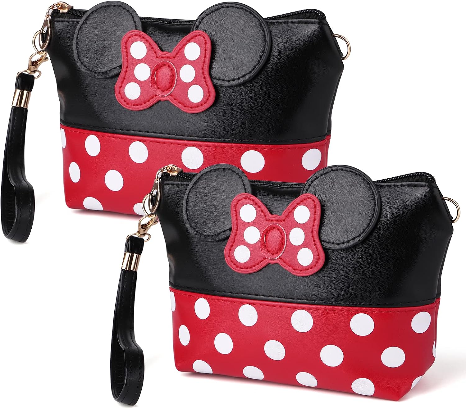 KINMINGZHU 2pcs-Cartoon Leather Travel Makeup Handbag with Zipper, Portable Cosmetic bag Toiletry pouch for Women Teen Girls Kids(Black)