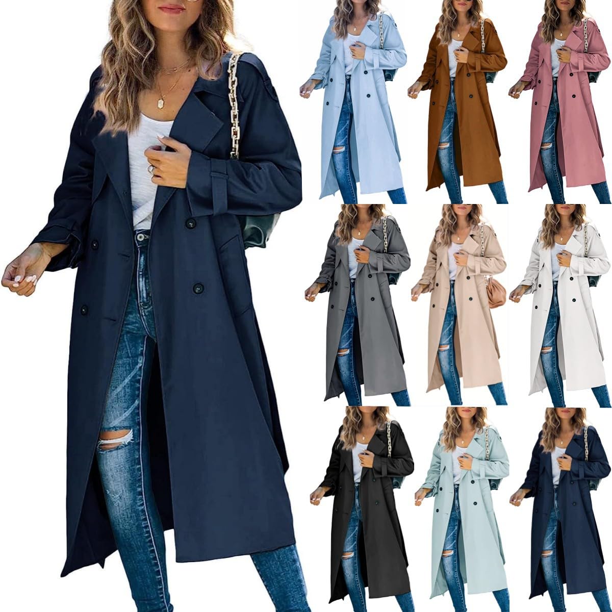 shownicer Femme Manteau Jacket Bouton Revers Long Veste Trenchcoat Manches Longues Cardigan Blazer Manteau OL Couleur Unie Parka Trench-Coat Automne Et Hiver