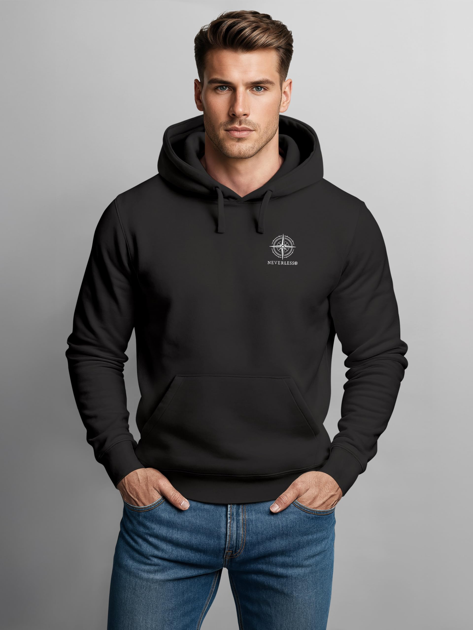 Neverless® Herren Hoodie Kompass Design Rückenaufdruck Outdoor Symbole Kapuzen-Pullover Männer Fashion Streetstyle