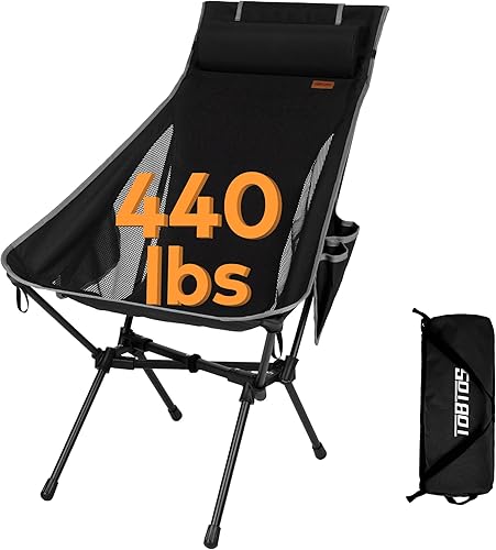 TOBTOS Silla de camping portátil de respaldo alto, soporta 440 libras, silla plegable compacta con almohada desmontable para campamento, senderismo,