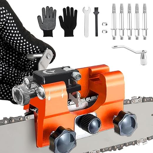 Kettensäge Schärfgerät,Kettenschärfer für Kettensägen,Motorsägenketten Schärfgerät,Tragbar Handkurbeln Kettensägenschärfer Kit mit 5 Schleifköpfen,Kettensäge Schärfen für Alle…