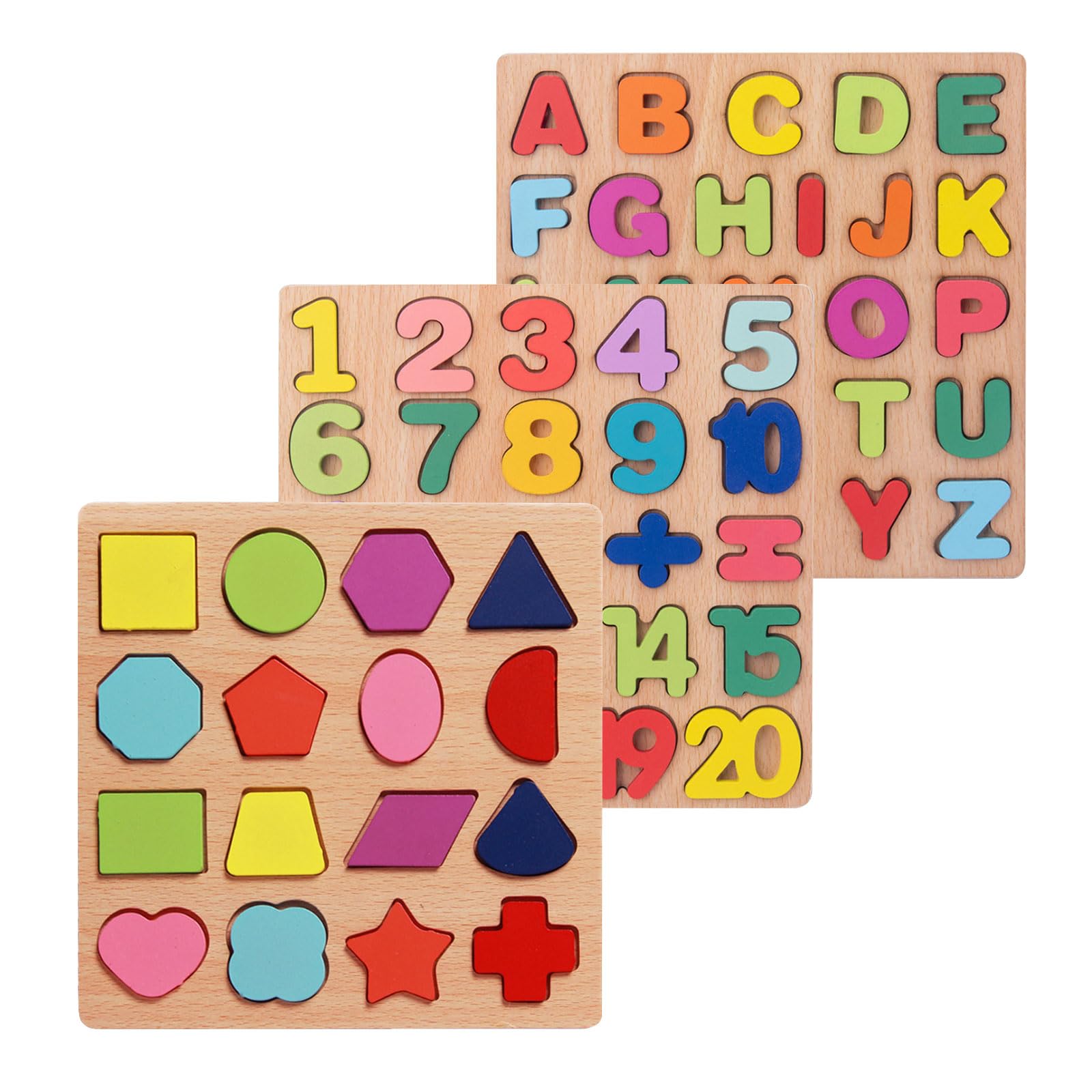 Rompecabezas de Madera Niños, 3 Piezas Puzles Montessori, Números Letras Geometría Puzzle Madera 3+ años Niños Juguetes para Aprendizaje Temprano, Juegos Educativos