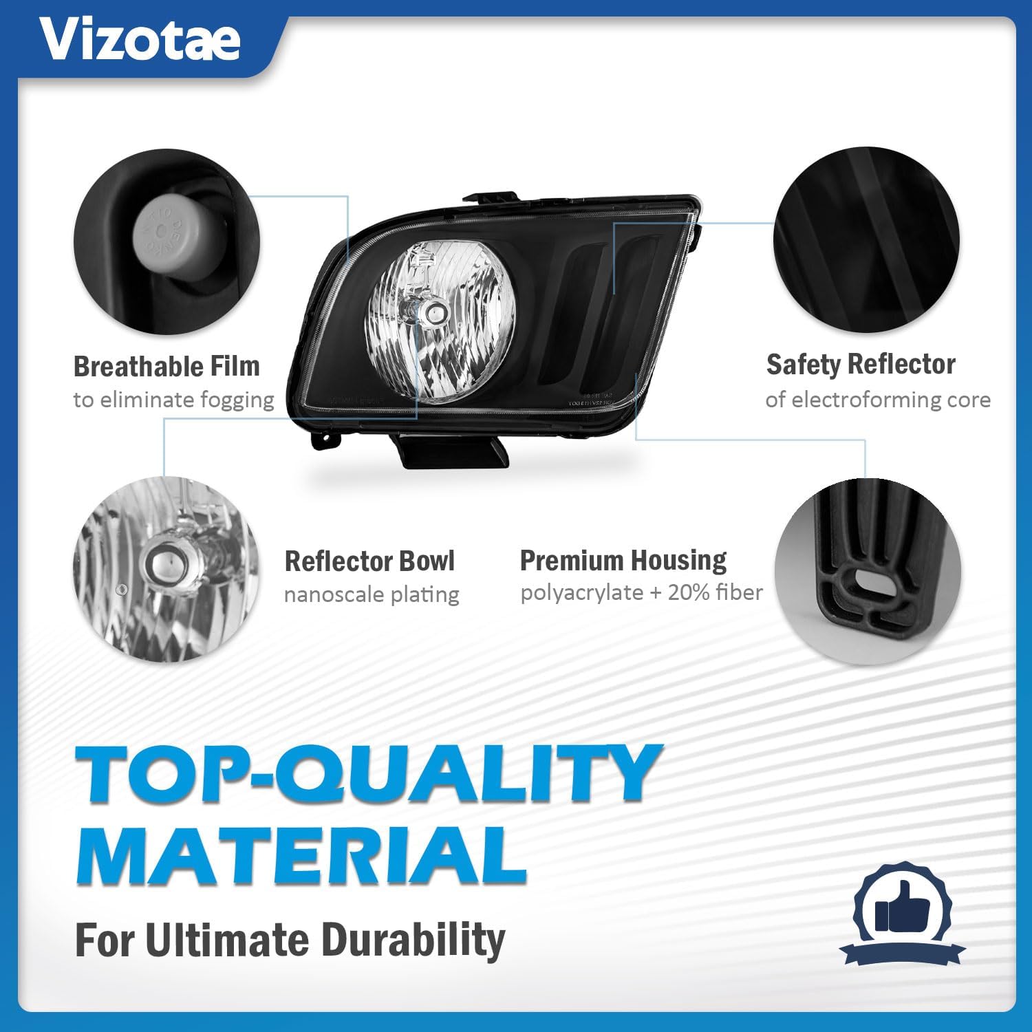 Headlights for 2005-2009 Ford Mustang (NOT fit Factory Xenon) Halogen Headlamp Replacement, High/Low Beam W/Bulbs, Driver & Passenger Side