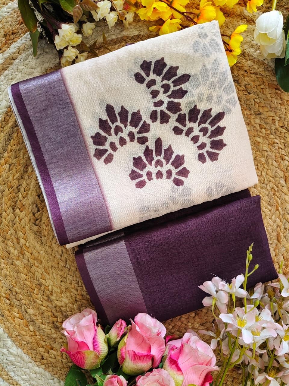 Women’s Linen Silver Patta Saree with Digital Print | Soft Lightweight Designer Saree with Blouse Piece
