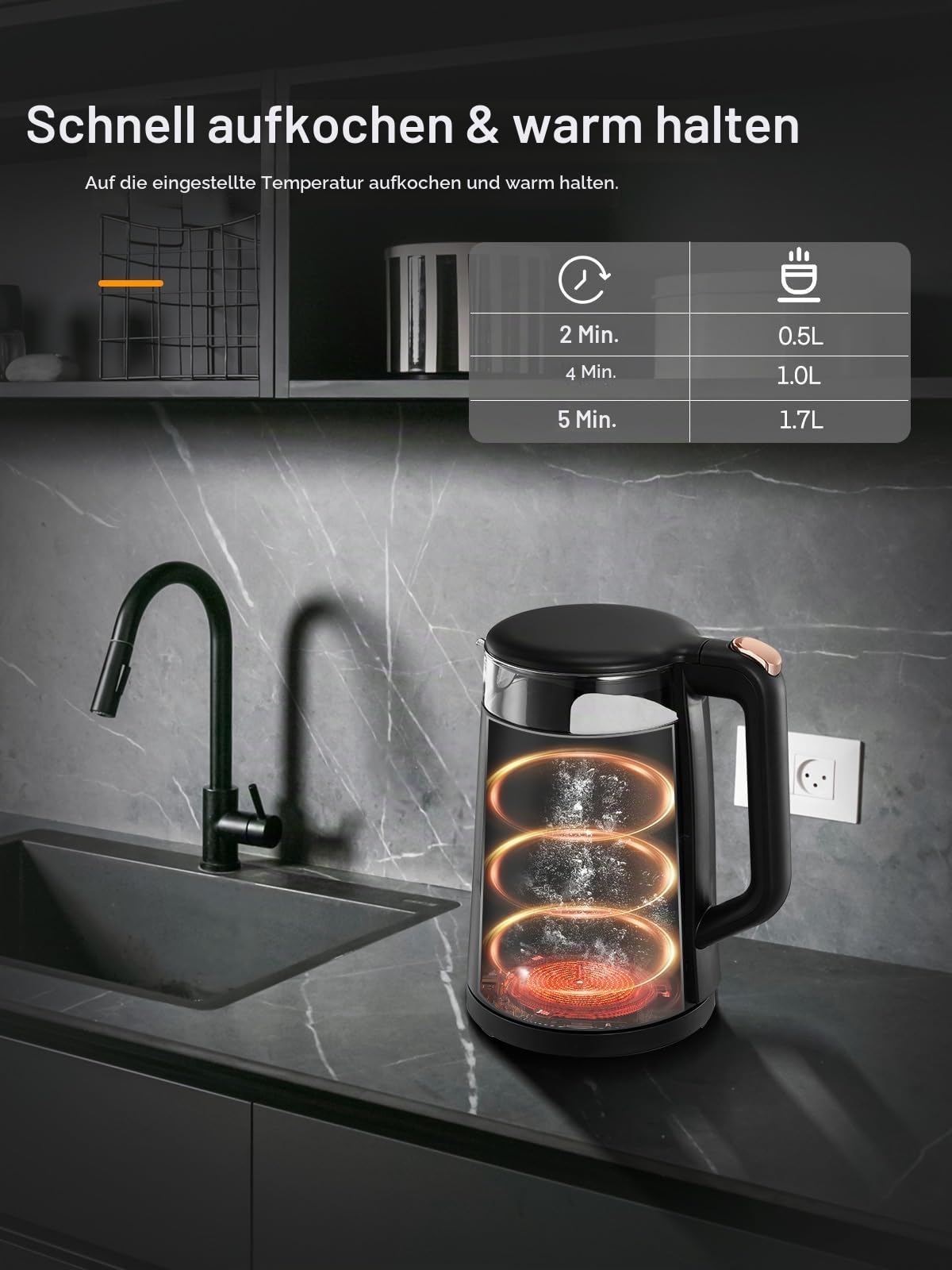Elektrischer Wasserkocher mit Temperatureinstellung,1.7L Glas Wasserkocher mit Warmhaltefunktion, 2200W Schnelles Koche, Automatische Abschaltung & Trockengehschutz, mit 5 Farbigen Lichtern