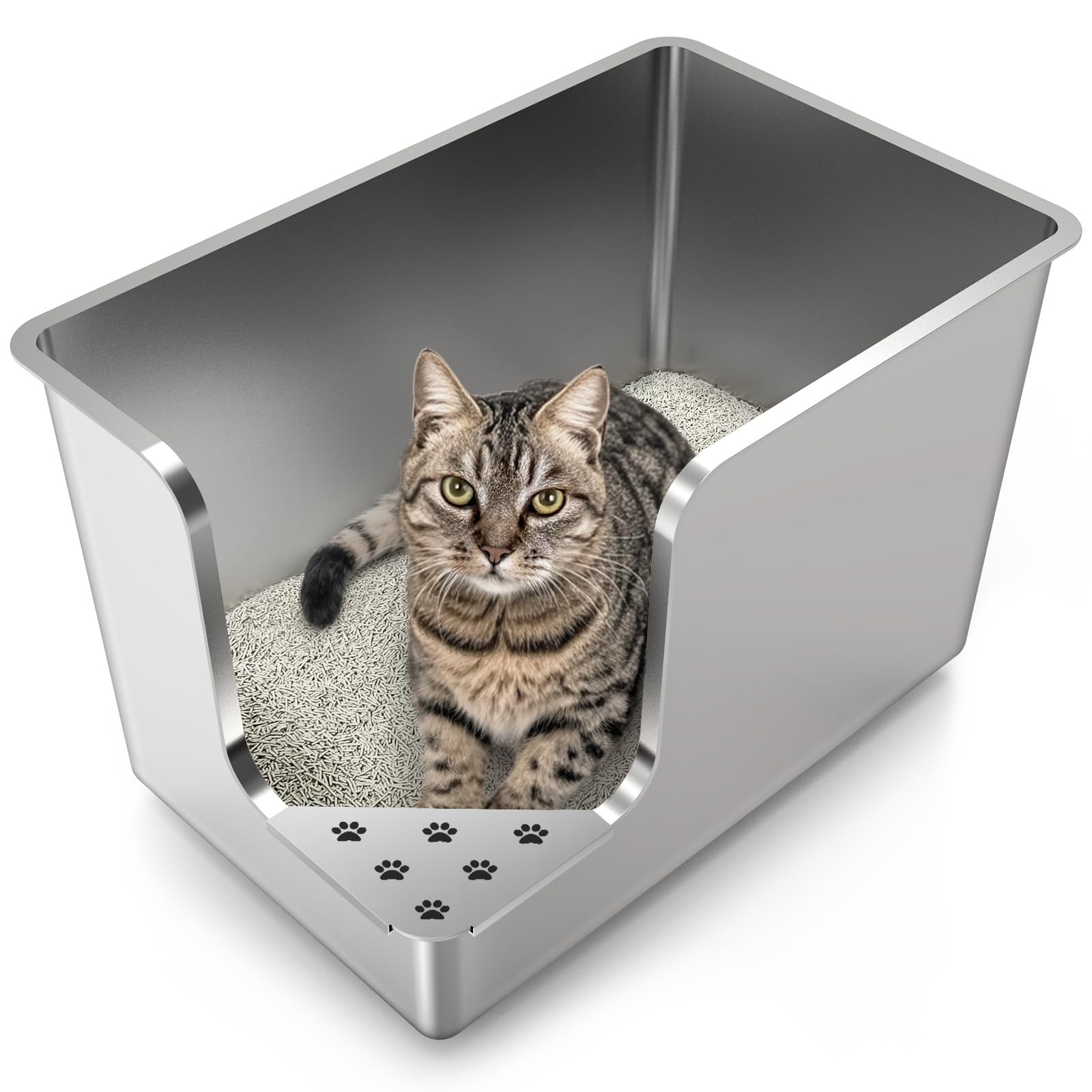 Stainless Steel Litter Box 14.5" High-Side, XL Metal Cat Litter Box, Corner Opening Entry Pet Toilet, Cat Litter Pan with Wheels, Easy to Move, Non-Stick, No Odor, for Big or Multiple Cats