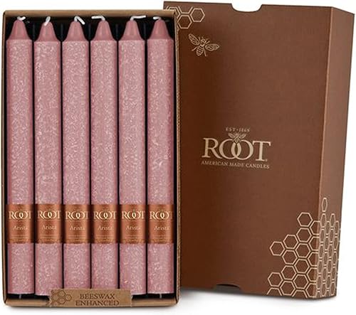 Root Candles Velas sin perfume de cena premium con mezcla de cera de abejas en caja, 9 pulgadas, Rosa Polvoriento, 12 unidades