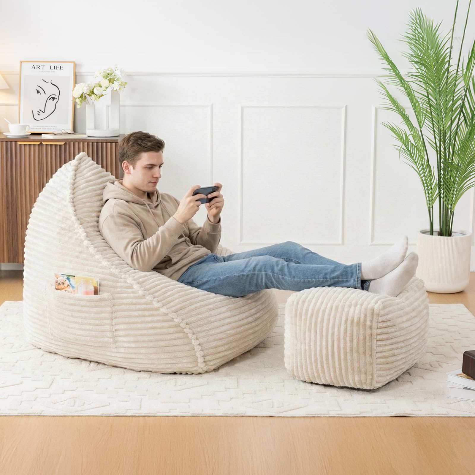 Vamcheer Sitzsack Erwachsene mit Hocker XXL Beige Bean Bag Chair Flauschiger Flanellstoff