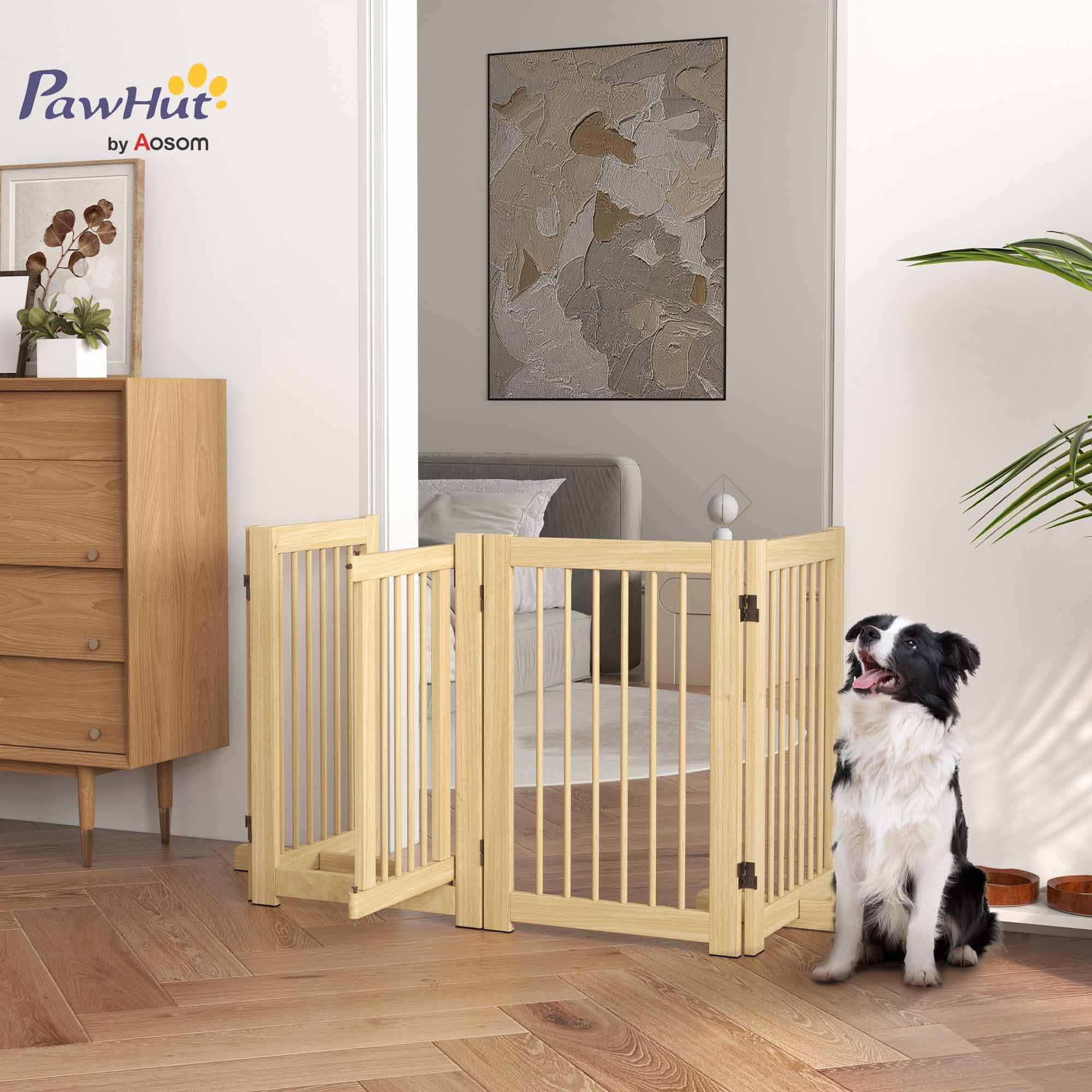 PawHut Absperrgitter Hund Freistehendes Schutzgitter mit Füßen 204 x 75 cm Holz Hundegitter Treppenschutzgitter Türschutzgitter Treppengitter für Treppen, Türen, Küche, Flur, 4 Paneelen, Natur