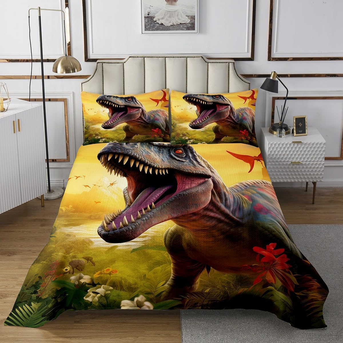 Erosebridal Toddler Queen Quilt Set Boys Dinosaur Coverlet Set, 3D Tyrannosaurus Rex Bedding Set Jungle Animal Bedspread Set, Cartoon Wildlife Bed Quilt Luxury Bedroom Decor 3pcs
