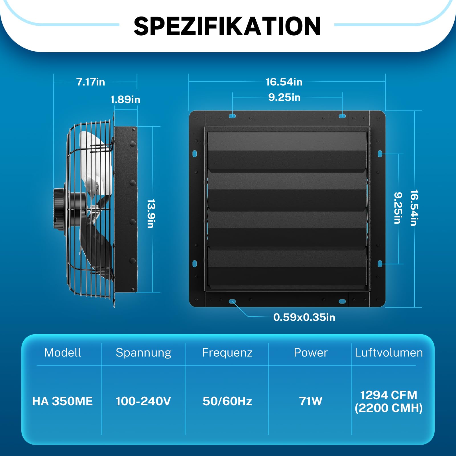 Hon&Guan Industrielle Abluftventilator 350mm EC-Motor Super Luftmenge 2200m³/h Wandventilator mit Teuchtigkeitssensor Temperatursensor Ganzmetallgehäuse Fensterläden Wandlüfter für Keller Garage Attic