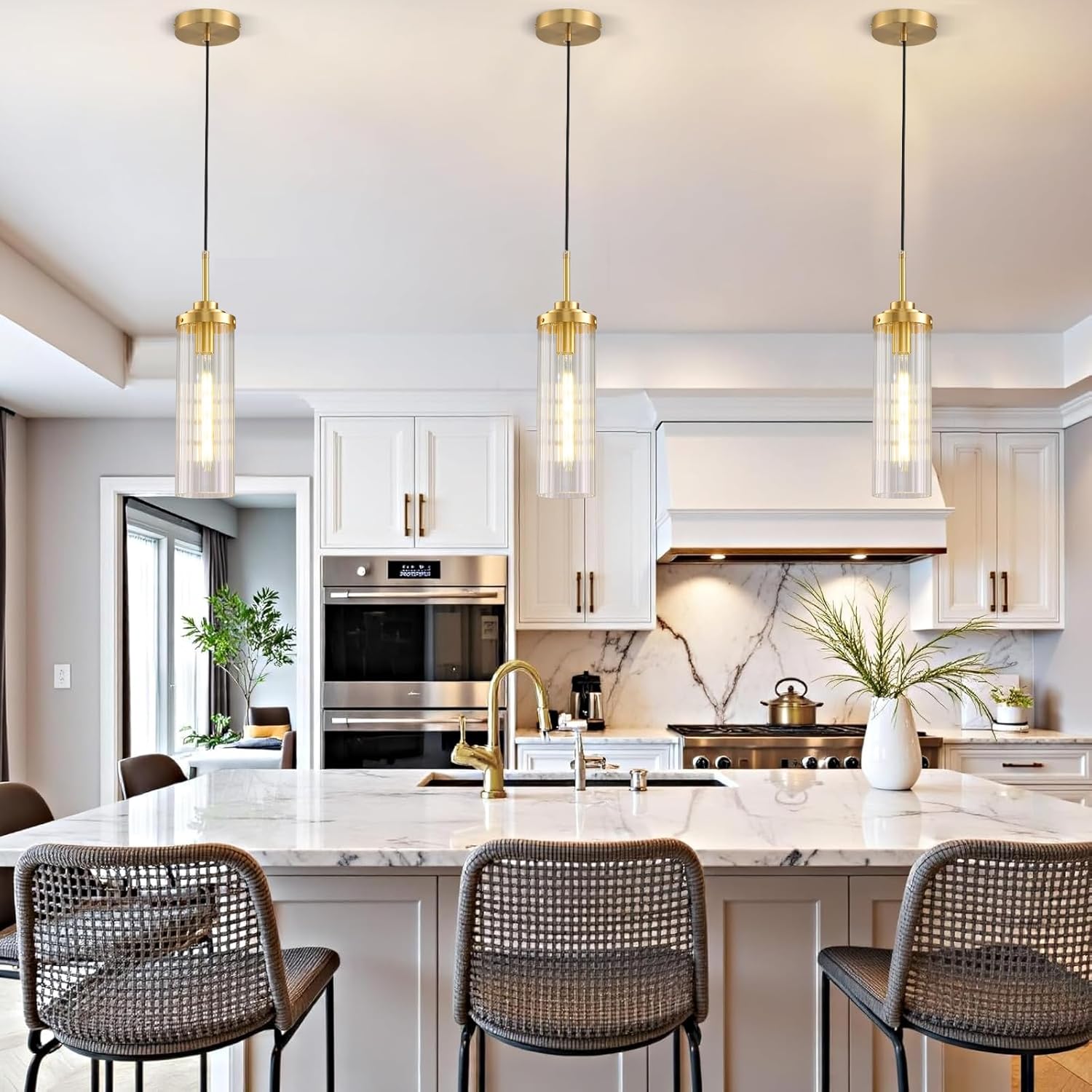 Modern Gold Brass Pendant Lights Kitchen Island,12-Inch Striped Glass Kitchen Pendant Lighting Over Island,Pendant Light Fixtures for Kitchen Sink,Bathroom,Bedroom,Bar(Bulb Included)