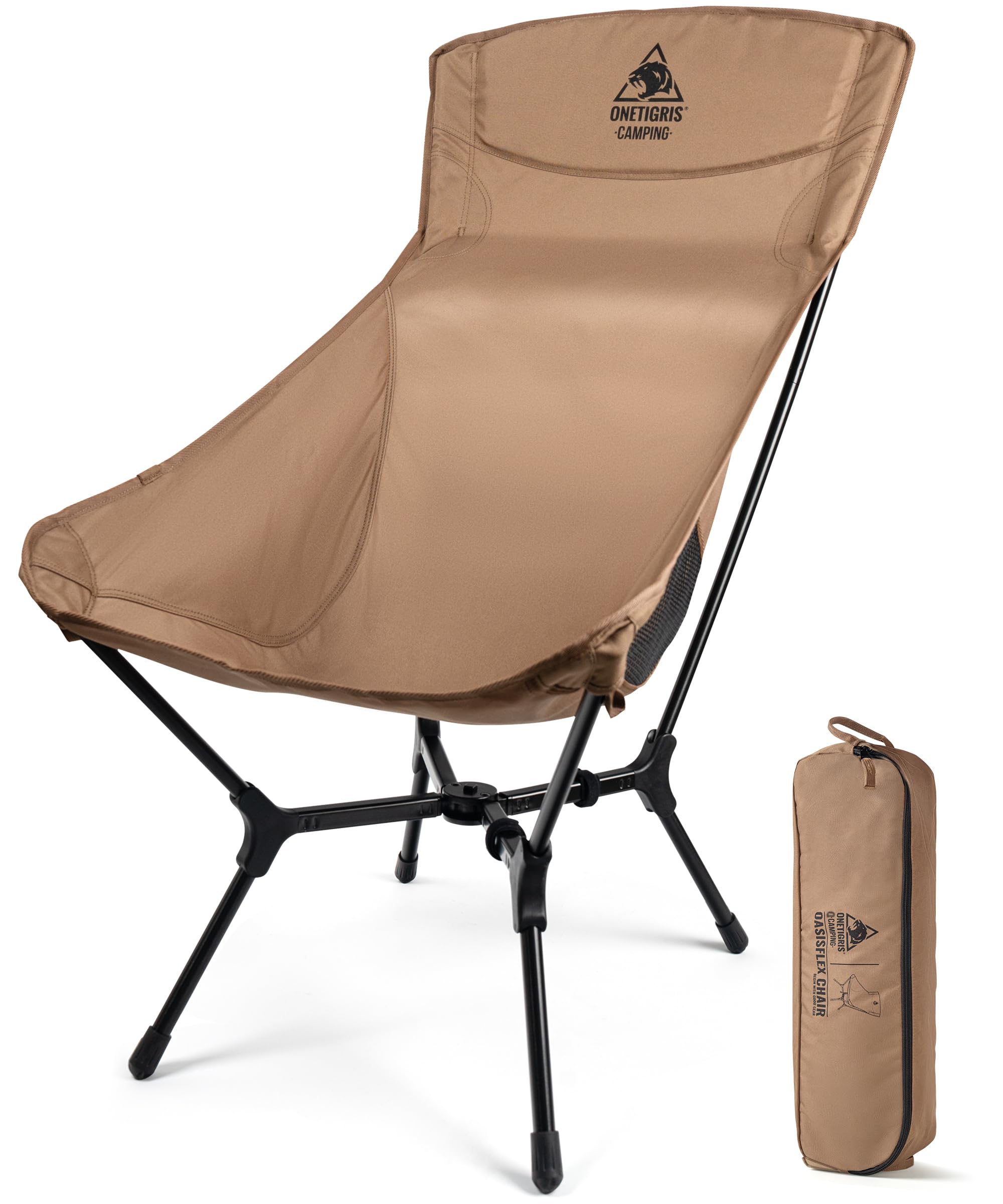 OneTigris OASISFLEX Campingstuhl Hochlehner faltbar 150 kg, Klappstuhl Camping leicht integrierter Kreuzrahmen, Angelstuhl klappbar, Faltstuhl Ultraleicht, mit 2 Seitentaschen für Outdoor, Wandern