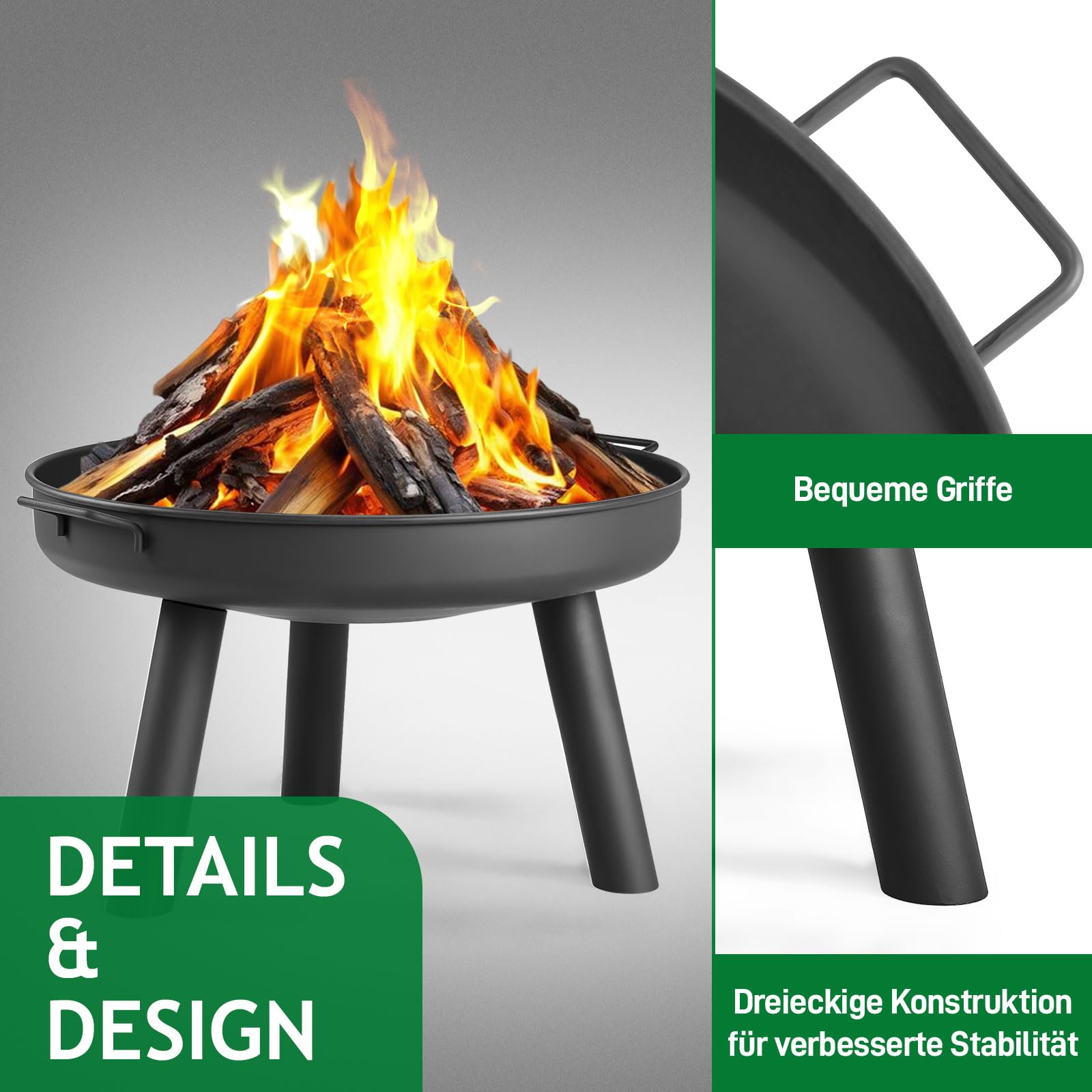 LEADZM Brasero de 60 cm de diámetro, construcción de hierro, con 2 asas estables + gancho para fuego, cesta para leña y carbón, para jardín, terraza, exterior, hoguera, color negro