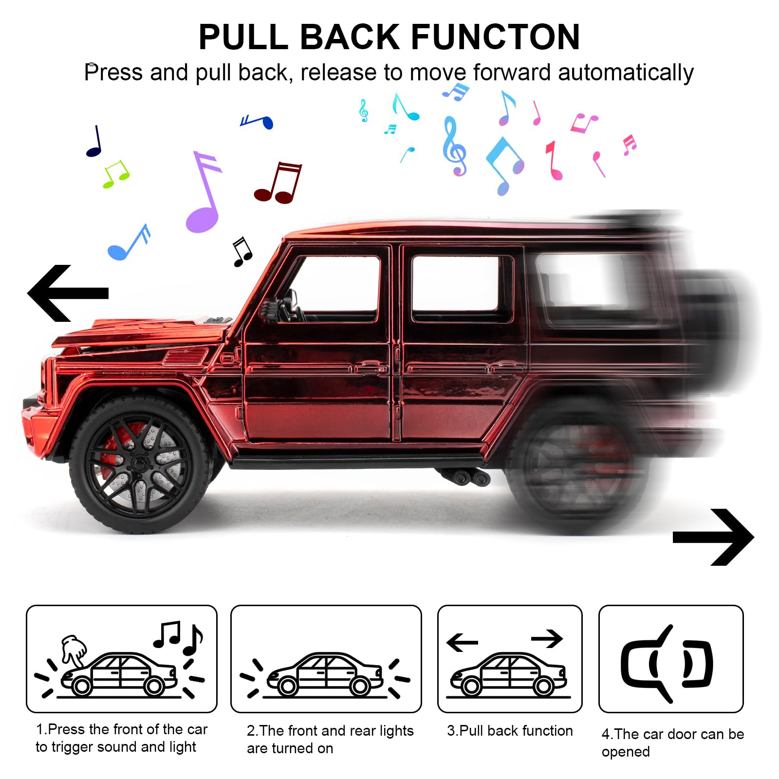 1:24 G63 Pull Back Alloy Car Model, Coche de Juguete con Efectos de Sonido y luz, Modelo de Alto Rendimiento, vehículo de Juguete Regalo para niños y niñas a Partir de 3 años (Rojo