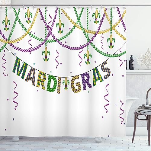 Ambesonne Cortina de ducha Mardi Gras, diseño con flor de Lis colgante de cuentas de colores, juego de decoración de baño de tela con ganchos, 69