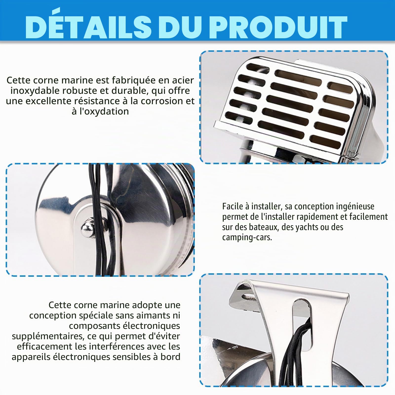 Hupe marine pour bateaux, klaxon de navire 12V, klaxon marin, klaxons de signalisation étanches, klaxon monophonique en acier inoxydable pour navires, bateaux, voiliers, yachts, camions, SUV