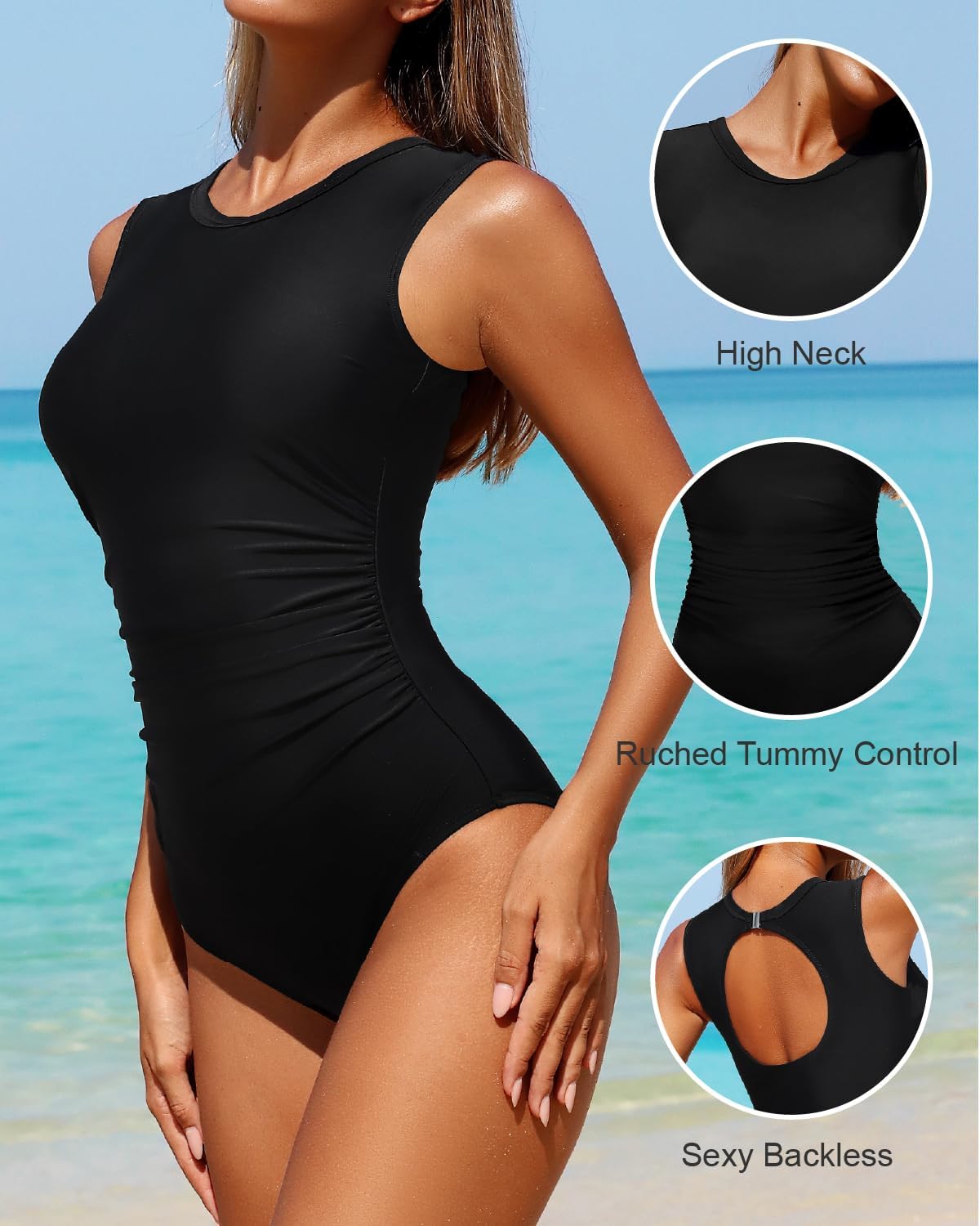 Smismivo High Neck Modest Swimsuits for Women Tummy Control One Piece Bathing Suit Ruched Full Coverage Slimming Swimwear