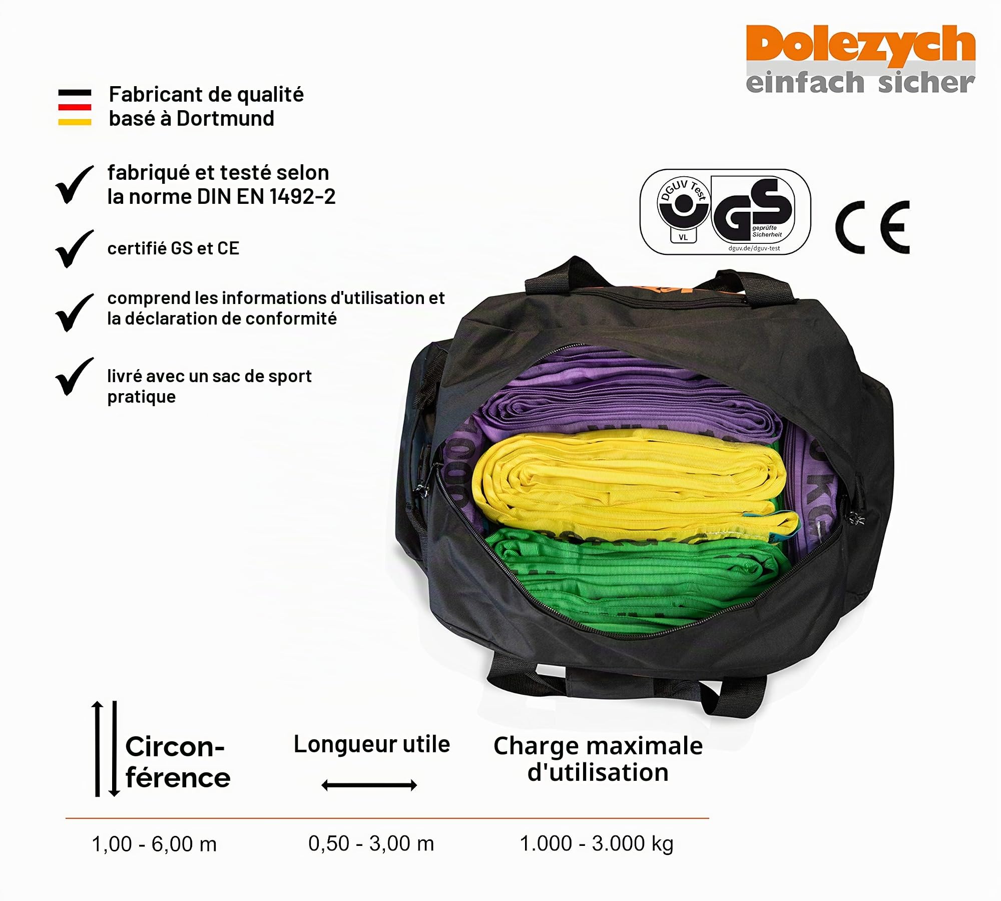 Set d'Élingues Rondes Dolezych, Charge Maximale d'Utilisation 1000-3000 kg, 20 Pièces - Violet/Vert/Jaune/Gris