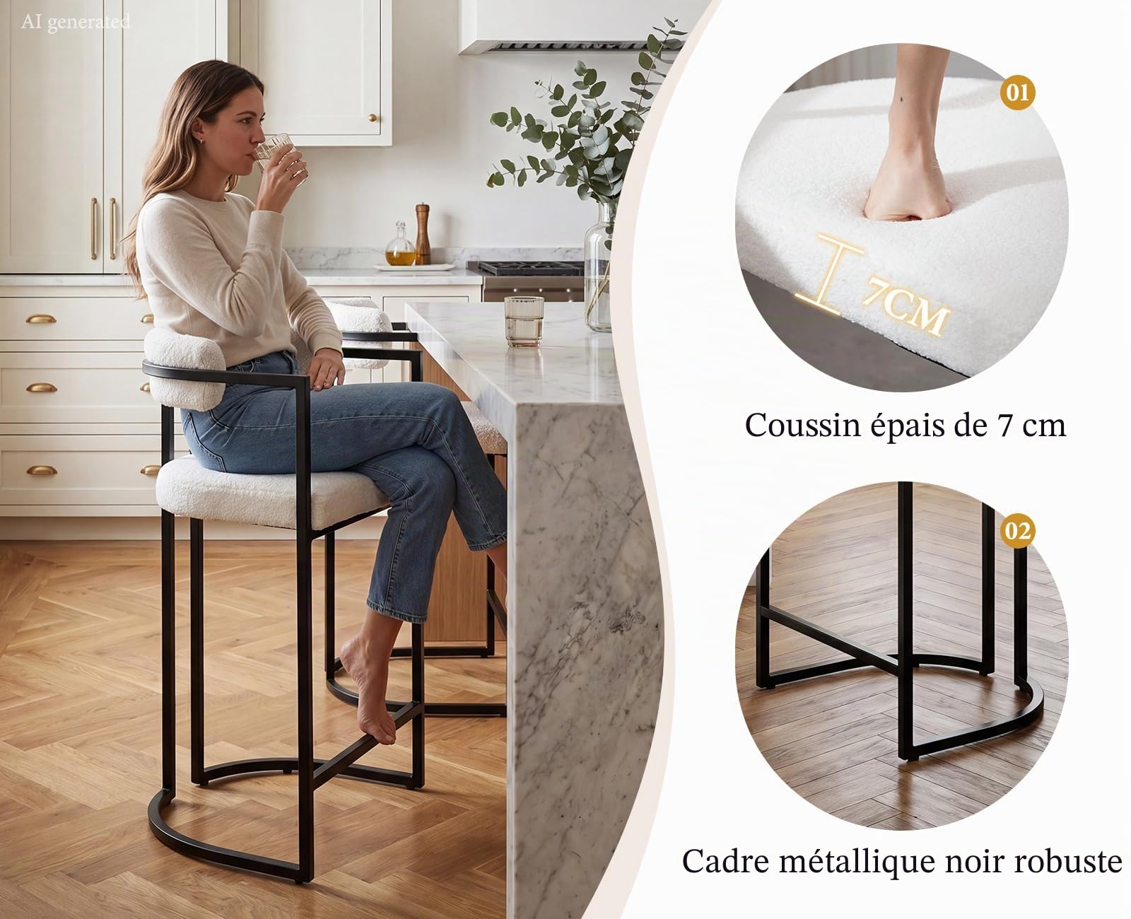 chairus Lot de 2 Tabourets de Bar Chaises Bar en Fausse Fourrure Chaises Hautes Cuisine avec Repose-Pieds en Métal (Blanc)