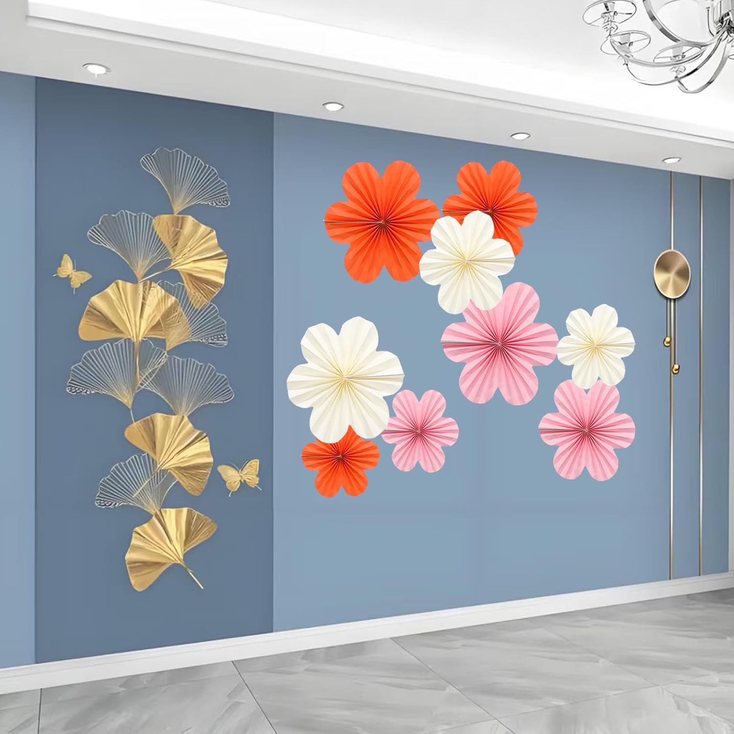 9 Pcs Hanging Party Decorations Set, Paper Flower Fan Floral Backdrop Flower Wall Decoration for Party Wall, Graduation, Birthday, Wedding Decor（Orange, Pink, Off White）