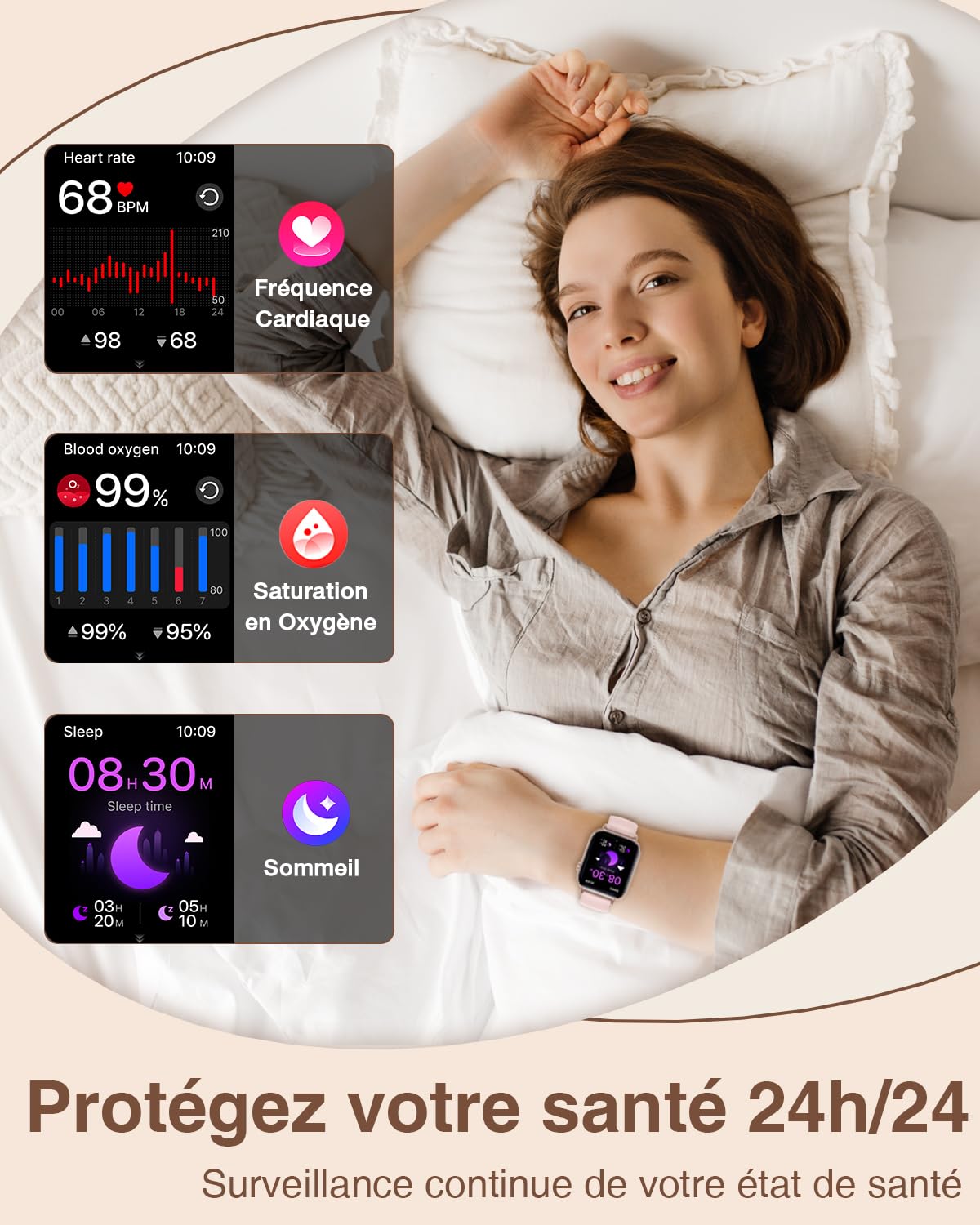 Montre Connectée Femme avec Appel Bluetooth 4 Bracelets 1.83" HD Smartwatch Femme avec Fréquence Cardiaque Sommeil Féminine 110+ Modes Sportifs Podomètre Tracker d'activité pour Android iOS, Or rose