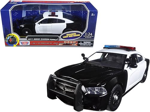 Motormax 79533 2011 Dodge Charger Pursuit - Coche de policía en blanco y negro con barra de luz intermitente, luces delanteras y traseras y 2