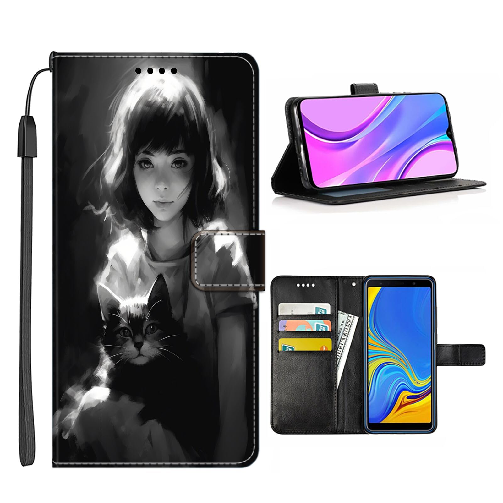 SHENCANG BLUE Wallet Case for Samsung Galaxy A10 Cat Print-aa51 Smartphone Folio Pocket Flip Card Holder Kickstand Multifunction Cellphone Case with Wrist Strap