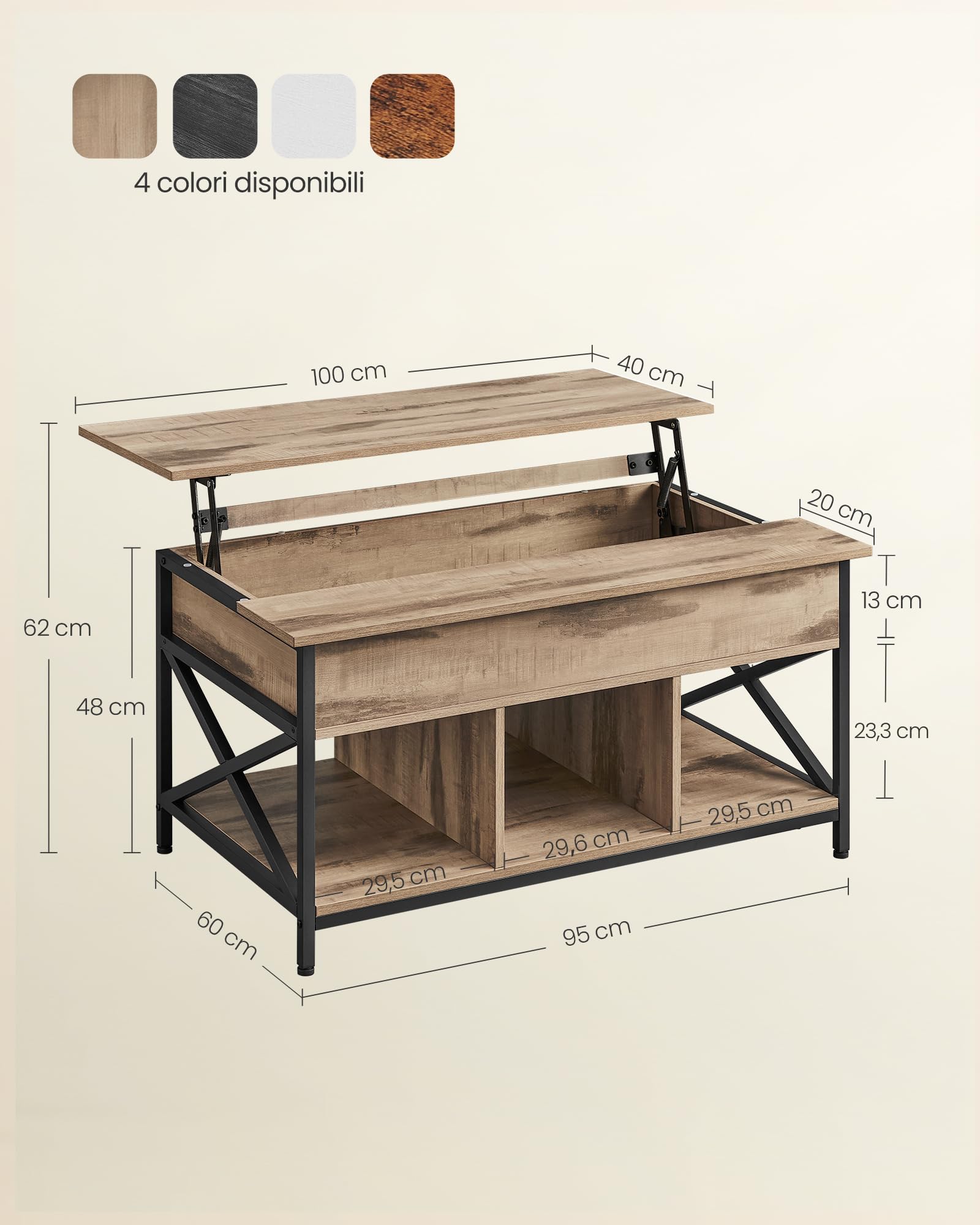 VASAGLE Tavolino da Caffè Tavolino da Salotto con Piano Sollevabile, Tavolino con Spazio di Organizzatore Aperto e Nascosto, Barre a X, 60 x 100 x (48-62) cm, Marrone Cammello e Nero LCT205K50