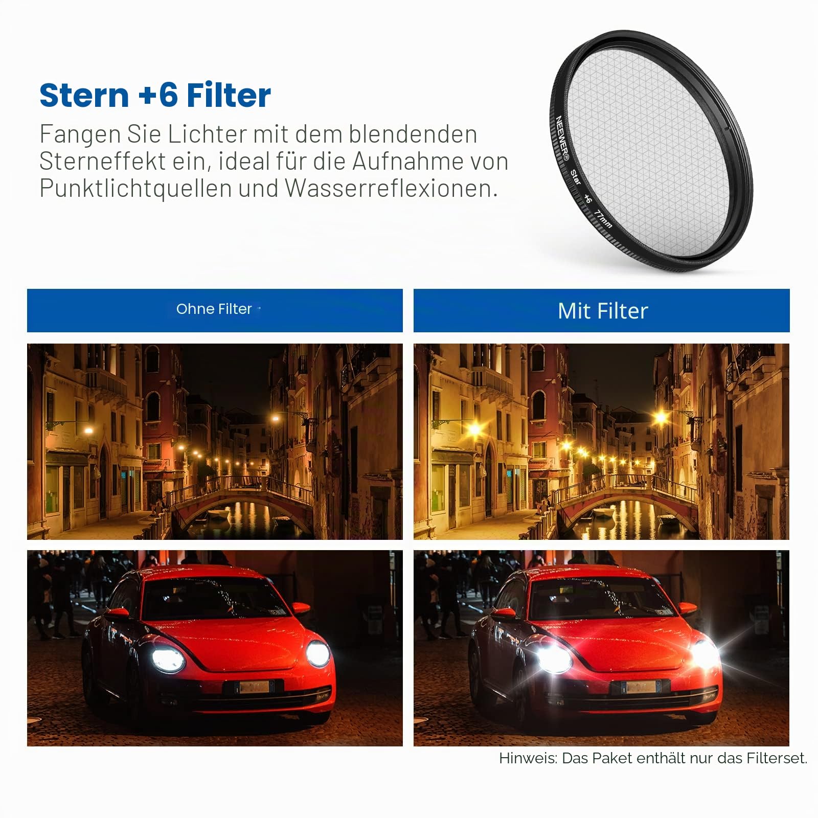 NEEWER 77mm Objektivfilter Set mit Handy Objektivclip, CPL + ND32 + Stern + 4 abgestufte Farbfilter Kompatibel mit iPhone 17, 16, 16e, 15, 14 Pro Max, Canon, Nikon und Sony Kameras