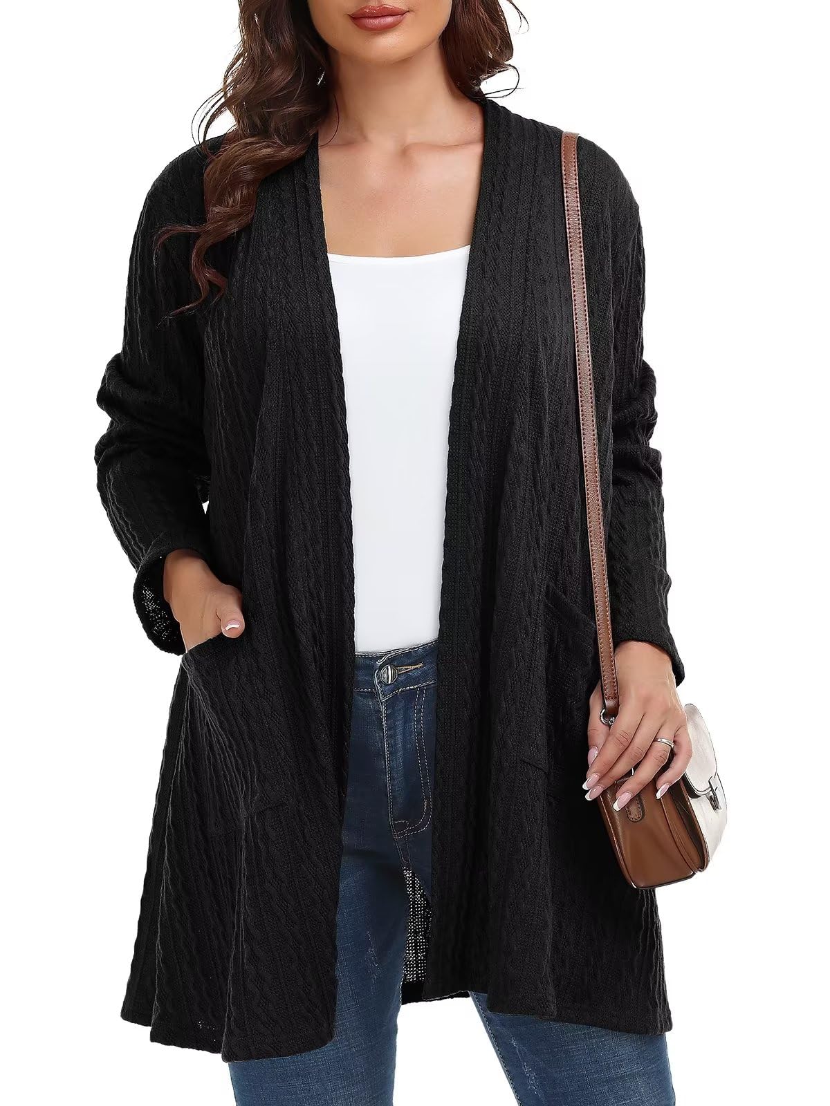 BELAROIWomens Open Front Cardigan Cable Knit Sweaters Plus Size Long Sleeve Tops Loose Fall Outwear Coat with Pockets
