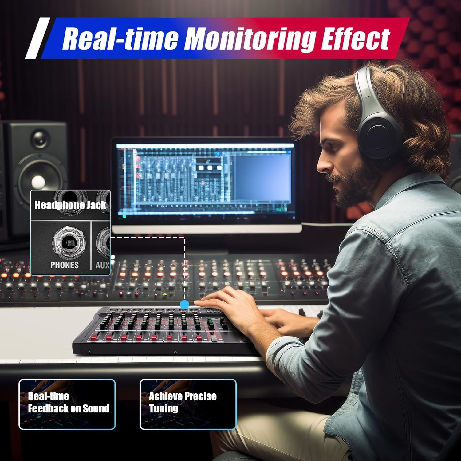 Mezcladora de Audio Profesional 8 Canales con Bluetooth, USB y +48V - Diseño Ultraplano y Portátil para Estudio en Casa, Podcast y Actuaciones,8 Channel