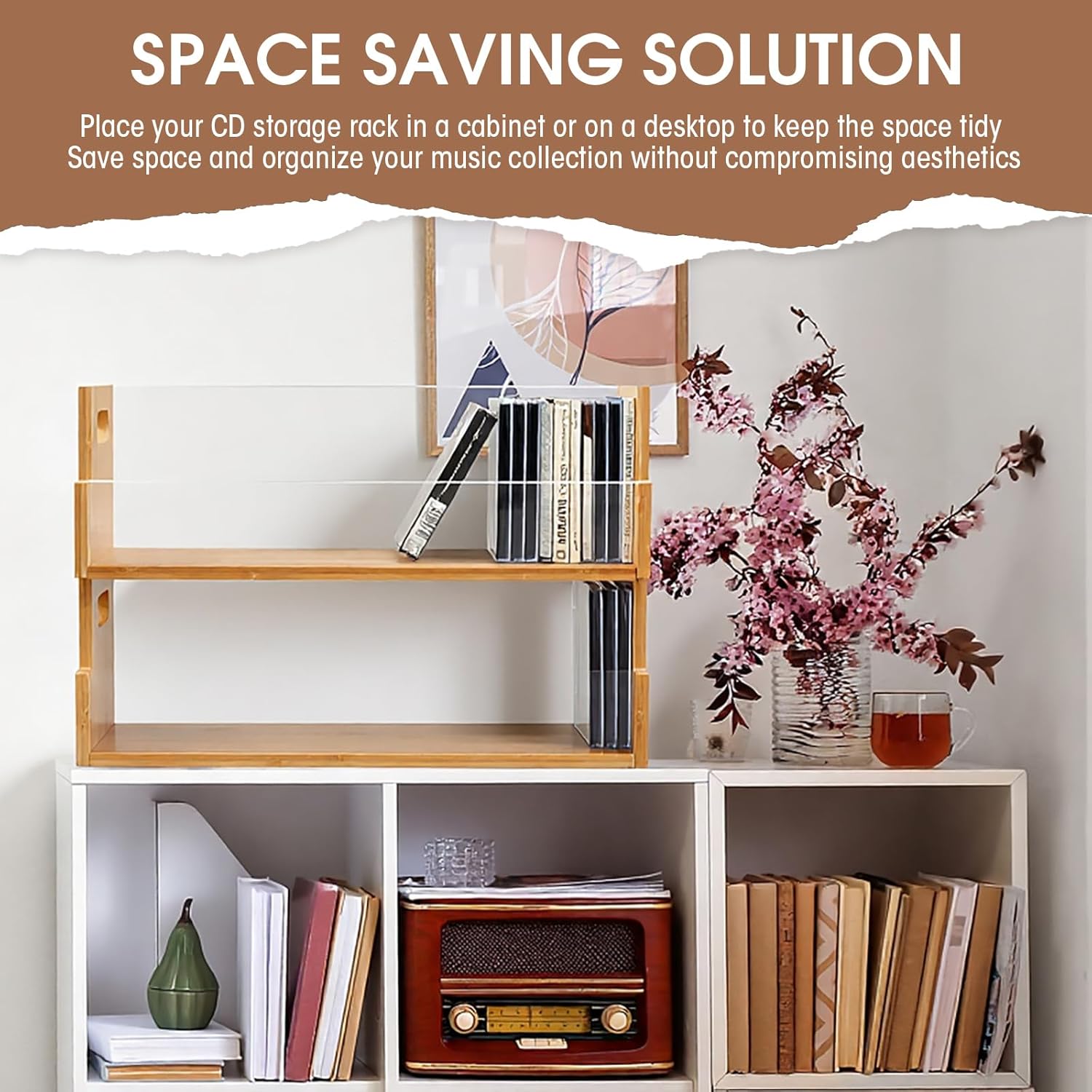 2 Set Wooden Cd Storage Box Display Holder Shelf Bamboo&acrylic Visible Racks with Carrying Handles, Cassette Tape Organizer Shelf for Movie Case, Store up to 60 Pcs Cds