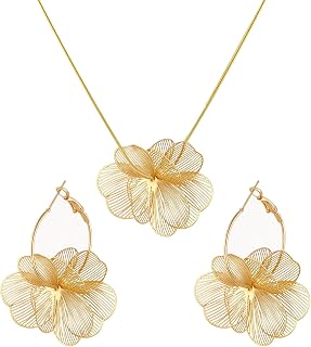 MALOYANVE Flower Dangle Earrings and Necklace Set | Filigree Flower Jewelry Set, Hollow Wire Floral Hoop Earrings, Snake Chain Necklace, Wedding Party Jewelry