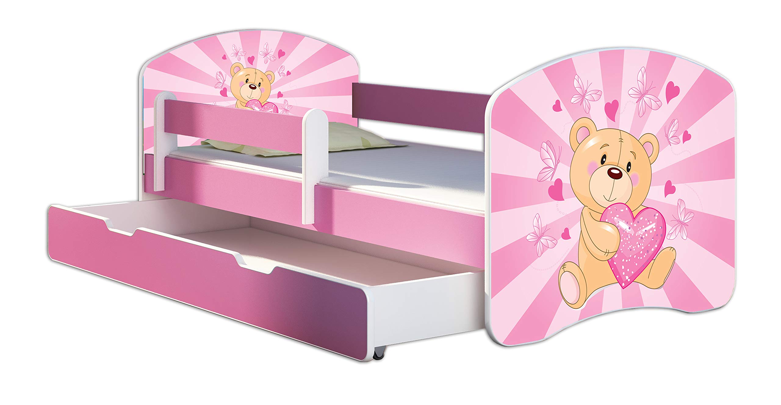 ACMA Letto per bambini 80x180 con cassetto, materasso e rete a doghe - letto junior con barriera di sicurezza, motivo 10 L'orsacchiotto con il cuoricino - Rosa, letto per bambina, portata fino a 120kg