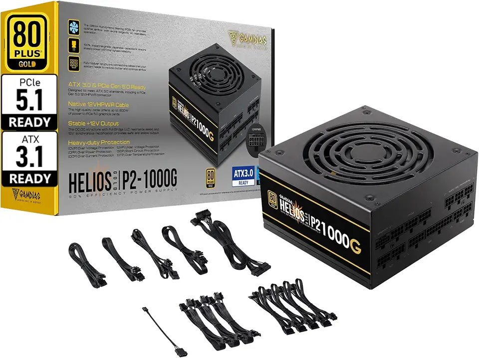 Gamdias PCIe 5.1 &amp; ATX3.1 Gold 1000W Power Supply for GeForce RTX 5000 Series, 1000W Fully Modular ATX 80 Plus Gold Computer PSU for Gaming PC Desktops, Low-Noise Fan, Helios P2-1000G